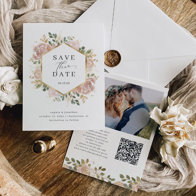 Save The Date Flore d'aquarelle neutre avec code QR et photo (A stylish, neutral watercolor floral save the date with your photo and scannable QR code)