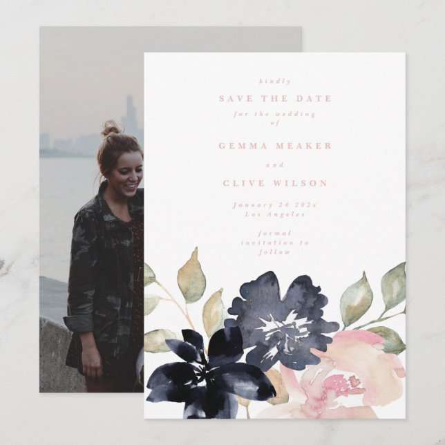 Save The Date Flore d'aquarelle romantique à fond bleu Mariage P (Devant / Derrière)