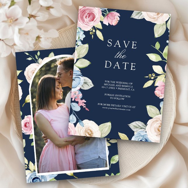 Save The Date Flore de printemps doux photo Mariage bleu marine (Créateur téléchargé)