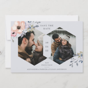 Save The Date Flore géométrique bleu et Rose Deux photos
