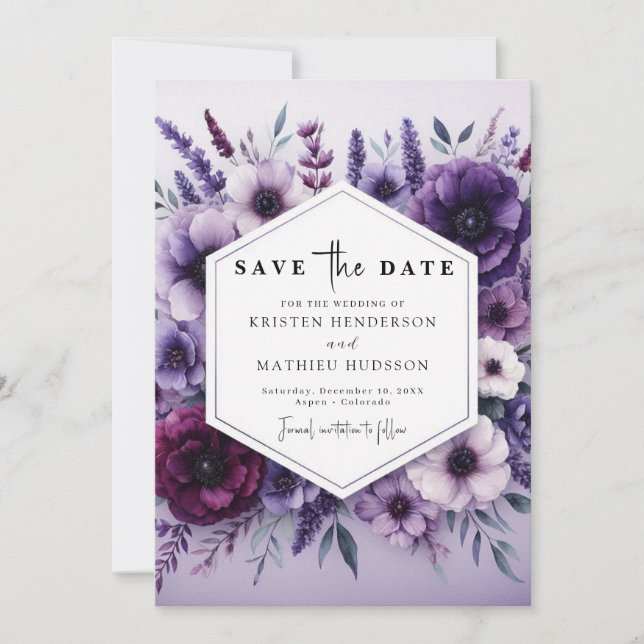 Save The Date Flore minuscule Mariage floral pourpre (Devant)