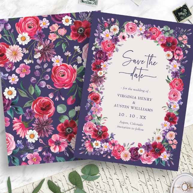 Save The Date Flore rouge (Navy Blue Red Watercolor  Floral Save The Date Card by Painted Paperie
)