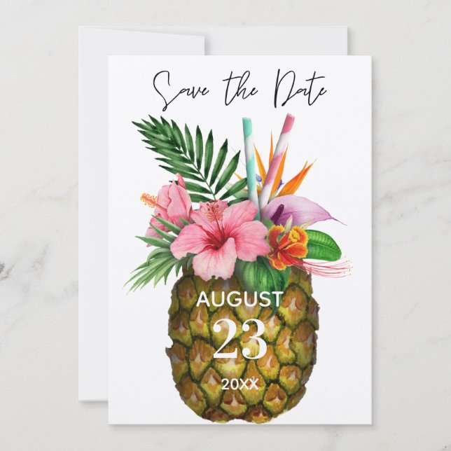 Save The Date Flore tropicale hawaïenne et ananas Kraft (Devant)