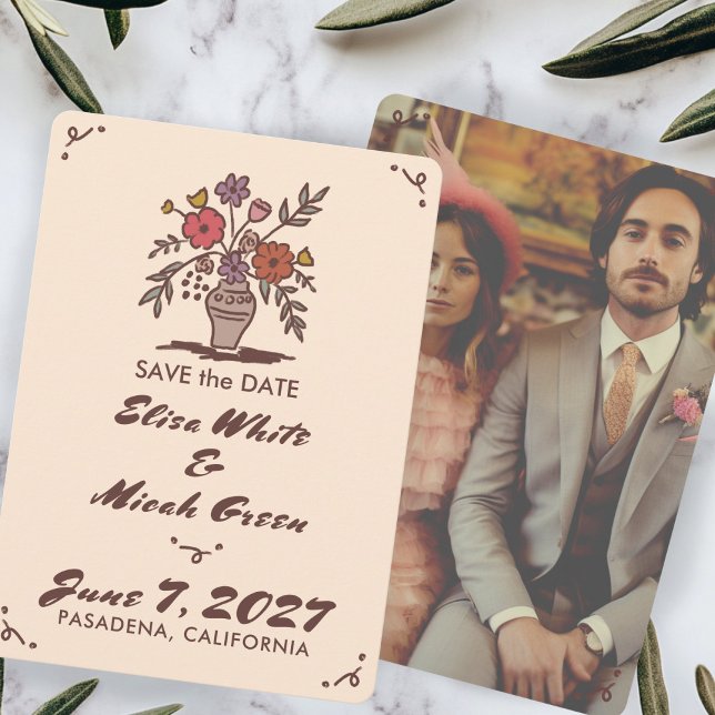 Save The Date Flore Vase Whimsical Rustique Croquis photo person (Floral Vase Rustic Whimsical Sketch Custom Photo Save The Date
)