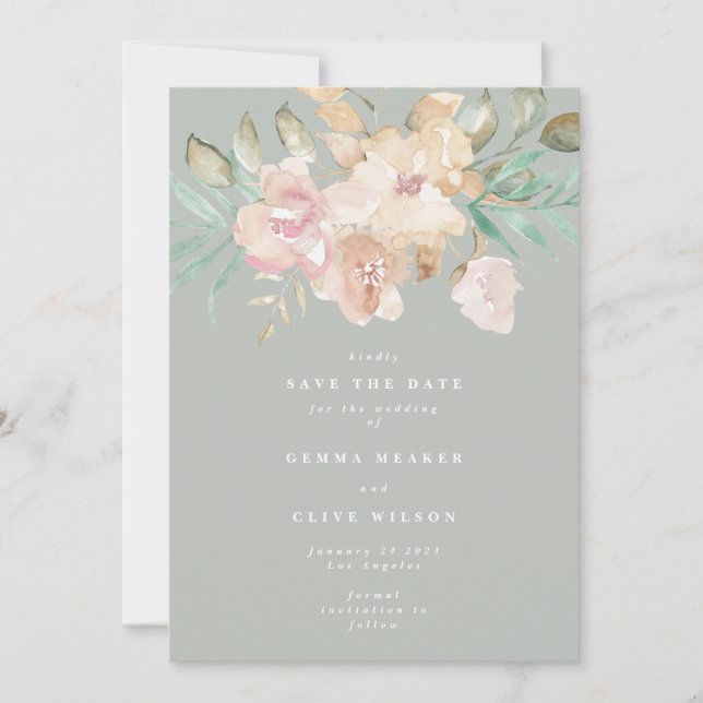 Save The Date Flores d'aquarelle rustique sur Sage Green Photo (Devant)