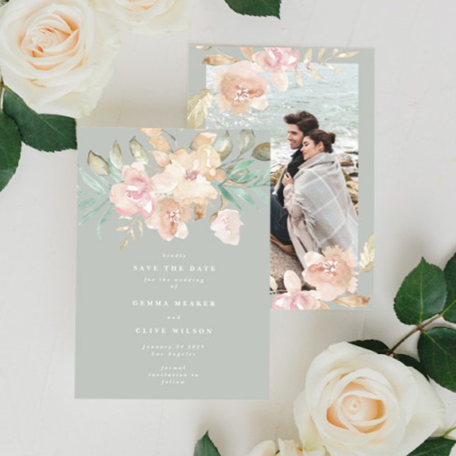Save The Date Flores d'aquarelle rustique sur Sage Green Photo (Créateur téléchargé)