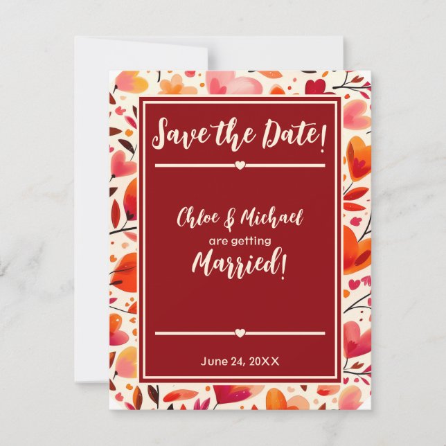 Save The Date Flores de coeur rouge gras modernes (Devant)