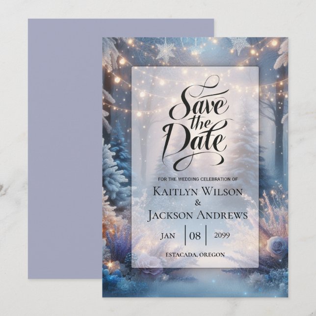 Save The Date Flores d'hiver dans le Mariage de pins givrés (Devant / Derrière)