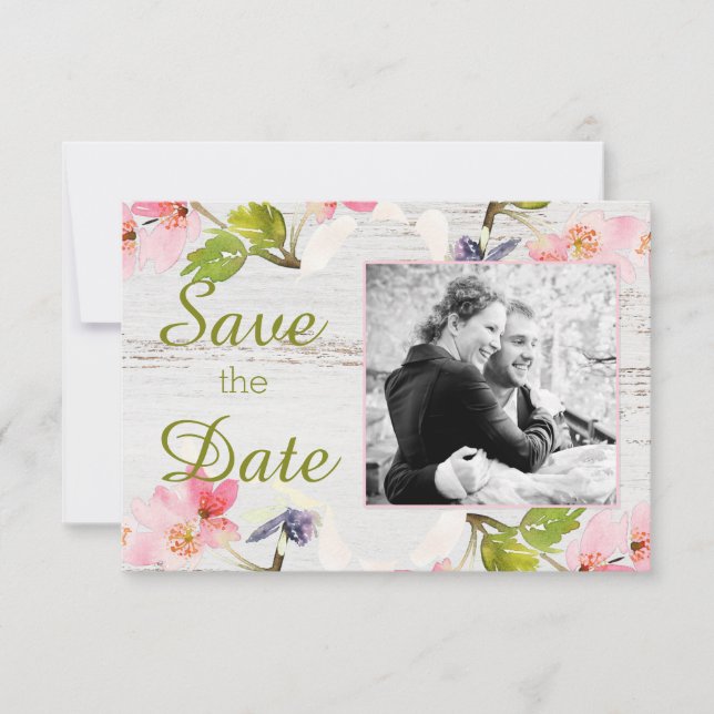 Save The Date Flores roses rustiques sur bois blanc (Devant)