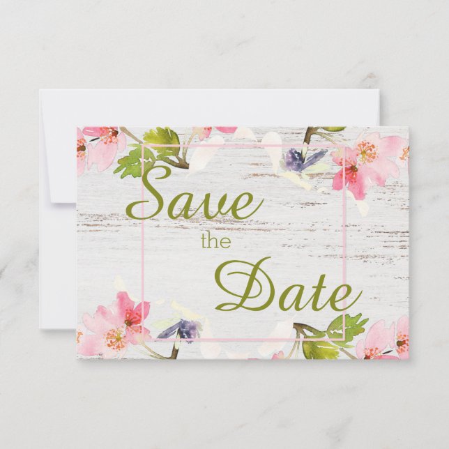 Save The Date Flores roses rustiques sur bois blanc (Devant)