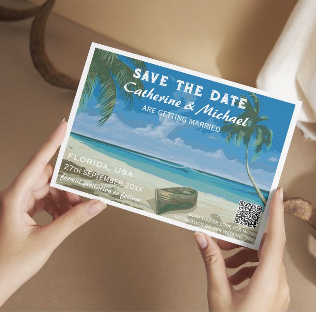 Save The Date Florida Beach Wedding Travel Poster Style QR Code (Créateur téléchargé)