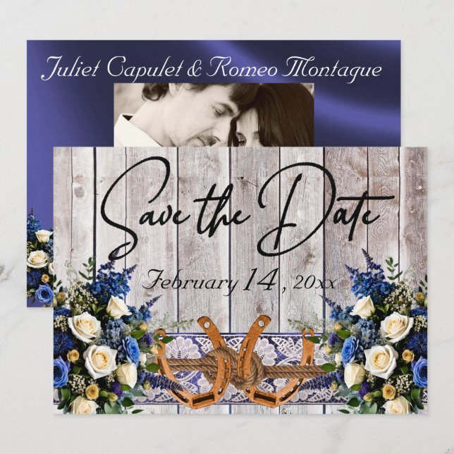 Save The Date Flowers, Lace & Horseshoes Blue Ribbon Wedding (Devant / Derrière)