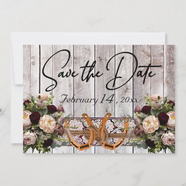 Save The Date Flowers, Lace & Horseshoes Burgundy Ribbon Wedding (Devant)