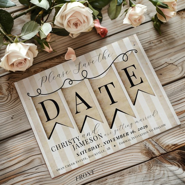 Save The Date Foi rustique Espérance Amour Mariage chrétien Vint (Elegant simple bunting banner striped rustic vintage black and tan wedding save the date card)