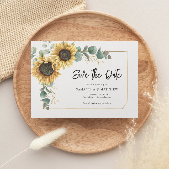 Save The Date Foliage floral Vert Tournesol (Sunflower Save the Date Script Orleans Horizontal)