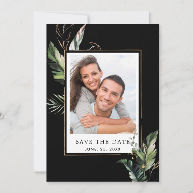 Save The Date Foliage sauvage Tropical Mariage Photo Noir (Devant)