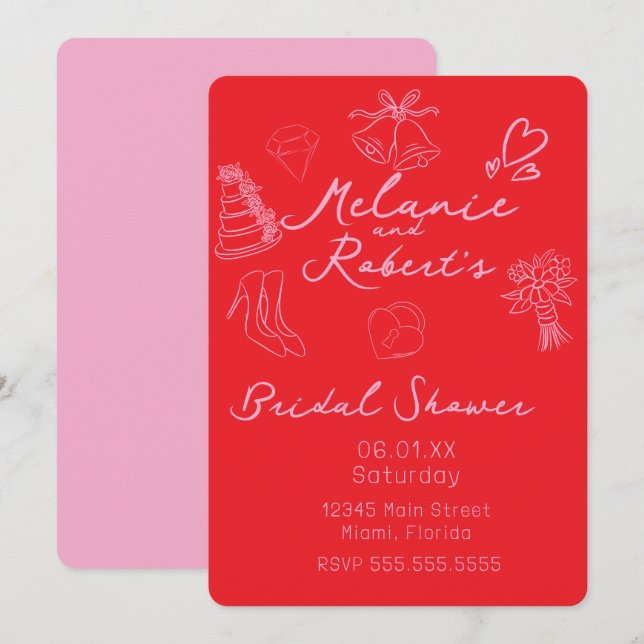 Save The Date Follies de Doodles Rose Clair Shower de Mariage  (Devant / Derrière)