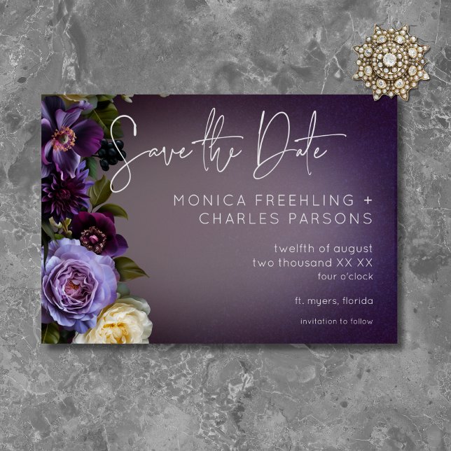 Save The Date Foncé Moody Purple Lavender Floral Mariage moderne (Dark Moody Purple & Lavender Floral Modern Wedding Save The Date)