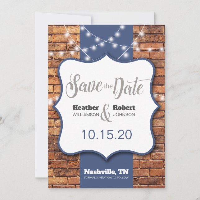 Save The Date Fond de brique rustique avec accents bleus Enregis (Devant)