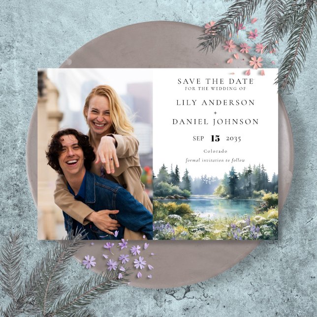 Save The Date Forest Lakeside Wildflowers Floral Photo Wedding (Forest Lakeside Wildflowers Floral Photo Wedding Save The Date)