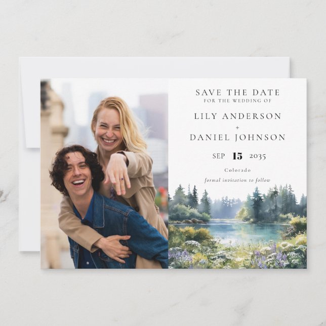 Save The Date Forest Lakeside Wildflowers Floral Photo Wedding (Devant)