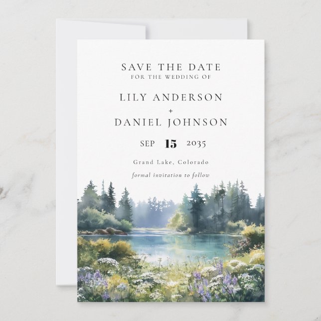 Save The Date Forest Lakeside Wildflowers Floral Wedding (Devant)