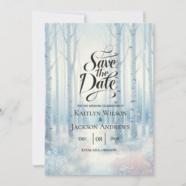 Save The Date Forêt de bouleaux bleus givrés pour mariage (Devant)