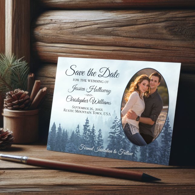 Save The Date Forêt de pin bleu rustique avec Mariage photo oval (Créateur téléchargé)