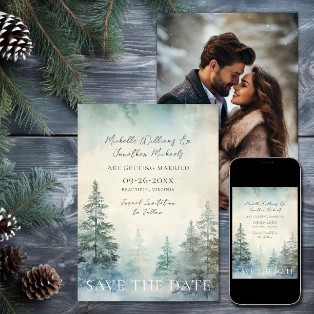 Save The Date Forêt de pins d'hiver rustique Mariage photo (Rustic Winter Pine Forest Woodland Photo Wedding Save the Date)