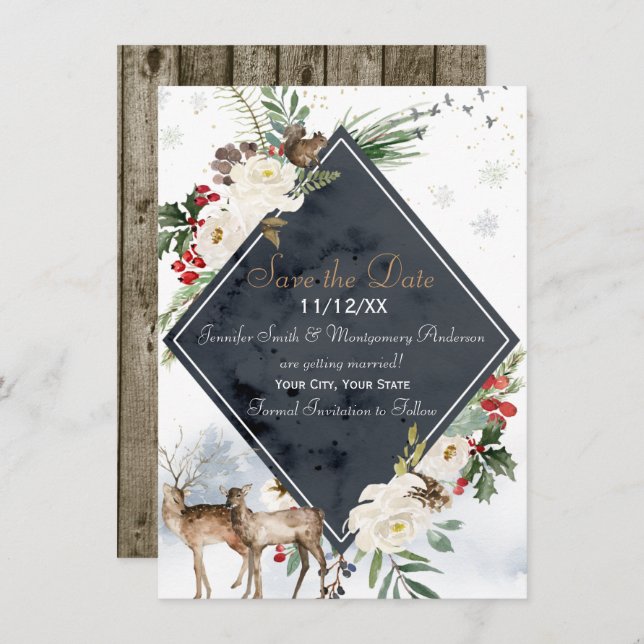 Save The Date Forêt d'hiver Deer Woodland Enregistrer la date (Devant / Derrière)