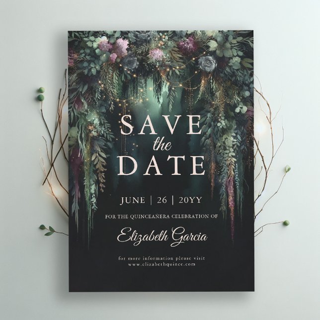 Save The Date Forêt Enchantée Arche Conte de Fées Vert Quinceane (quinceanera save the date invitation enchanted forest quince magical fairy tale botanical emerald)