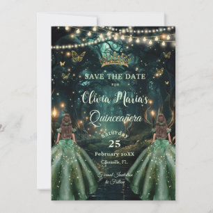 Save The Date Forêt enchantée Emeraude Green Twins Quinceañera