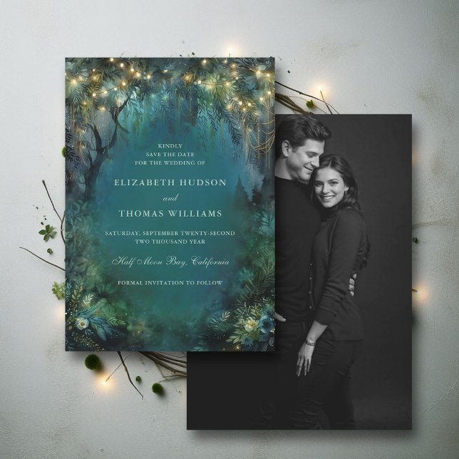 Save The Date Forêt Enchantée Fée Boisée Photo Mariage (enchanted forest woodland wedding save the date card emerald gold magic fairy tale photo)