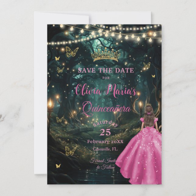 Save The Date Forêt enchantée Fuchsia Robe rose Quinceañera 16 (Devant)