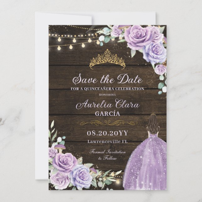 Save The Date Forêt florale pourpre Lilac Enchantée Quinceañera (Devant)