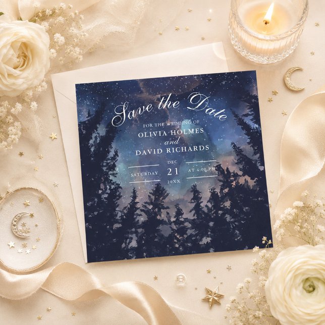 Save The Date Forêt Nuit Étoilée Céleste Enregistrez la Date (Starry Night Forest Celestial Save the Date on a table with flowers and celestial decor)