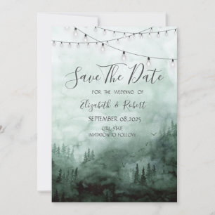 Save The Date Forêt, Pins, Guirlande Lumineuse Verte Étape à Sau