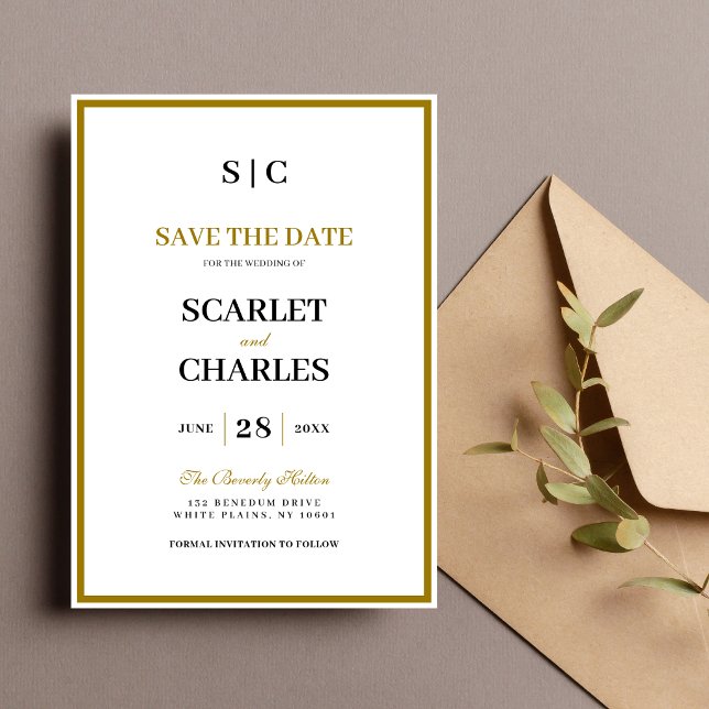 Save The Date Formal Classic Black Gold Monogram Wedding (Formal black and gold monogram save the date announces your wedding with timeless elegance.)