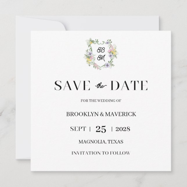 Save The Date Formal Floral Monogram Crest Wedding (Devant)