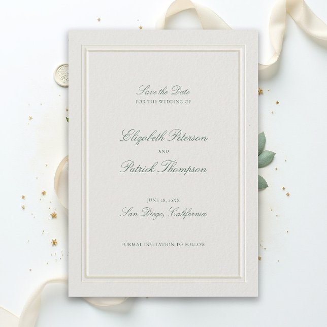 Save The Date Formal Modern Classic Elevated Green Ecru Wedding (modern classic wedding save the date forest green type double frame ecru formal traditional stately)