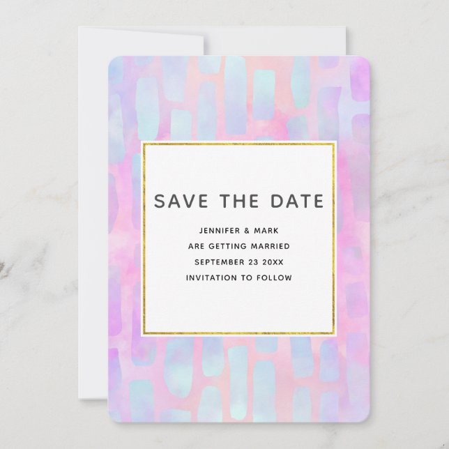 Save The Date Formes rectangulaires violettes et bleues sur Mari (Devant)