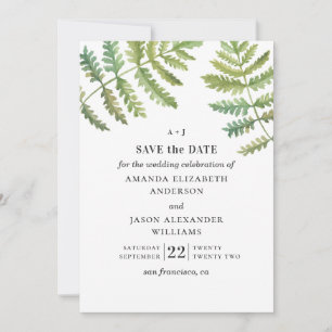 Save The Date fougère aquarelle. Mariage de feuillage de végétat
