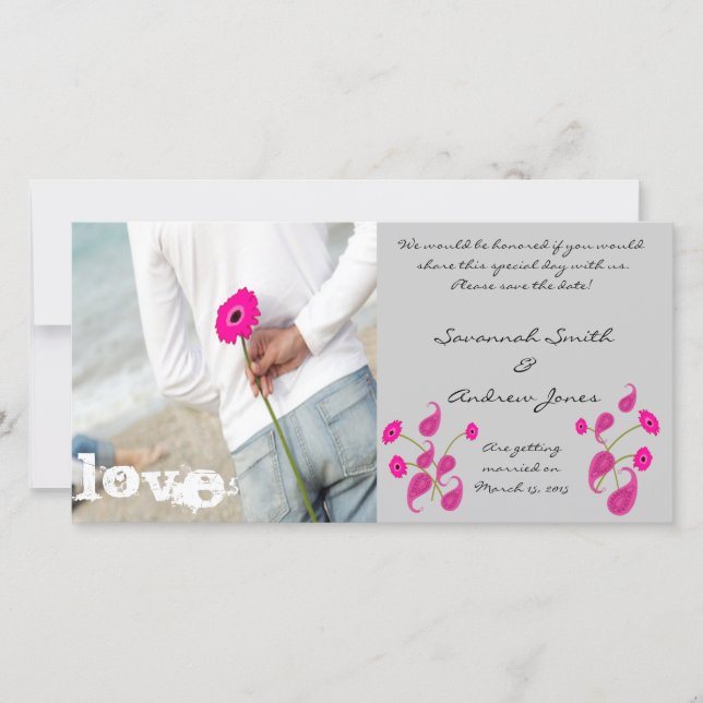 Save The Date Framboise Paisley & Gerbers sur Grey Enregistrer l (Devant)