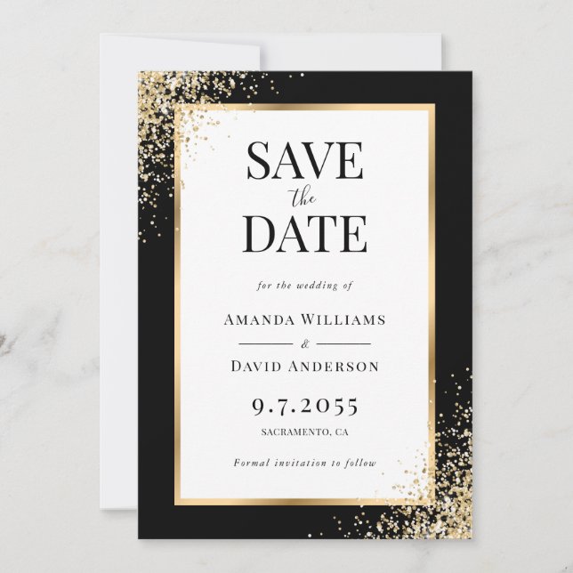 Save The Date Frame Black Gold Confetti Mariage élégant (Devant)