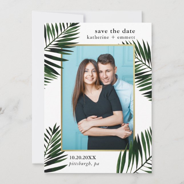 Save The Date Frame d'or Faux avec Palm Feuille photo (Devant)