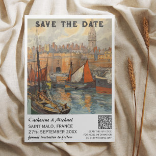 Save The Date France Vintage Mariage Voyage Poster Style QR Code