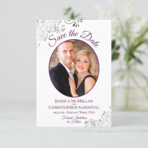 Save The Date Frilly Silver & Magenta sur le Mariage photo blanc