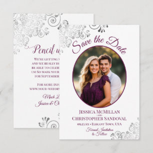 Save The Date Frilly Silver & Magenta sur le Mariage photo blanc