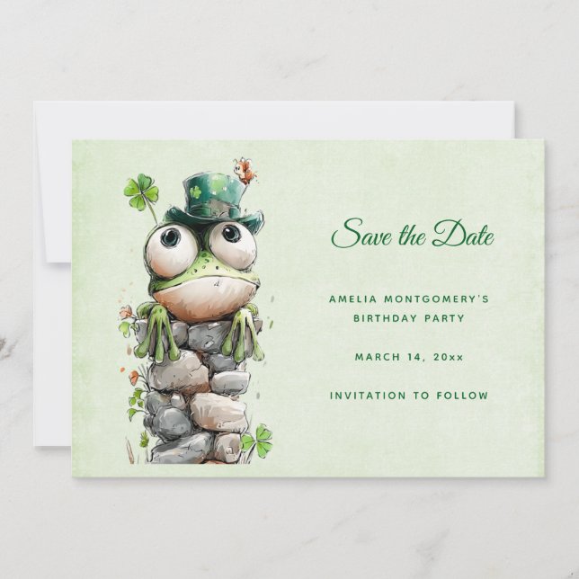 Save The Date Frog with Green Hat and Shamrock Cute (Devant)