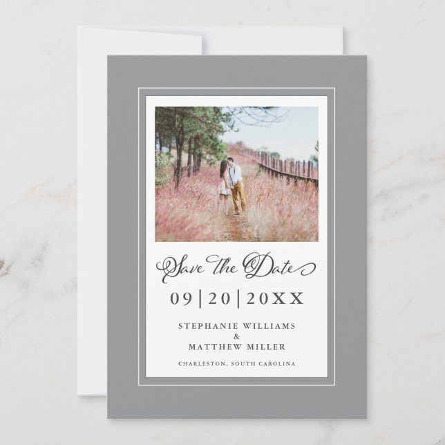Save The Date Frontières chic gris et blanc ultra-brillant (Devant)